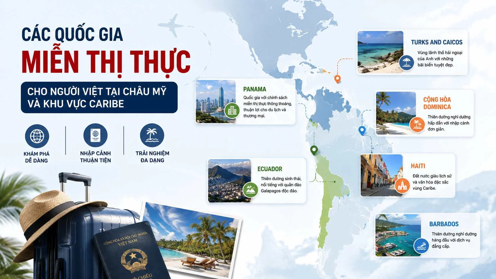 Danh sách các nước miễn visa cho Việt Nam cập nhật mới 2026 2 Khám phá các quốc gia miễn thị thực cho người Việt tại Châu Mỹ và khu vực Caribe